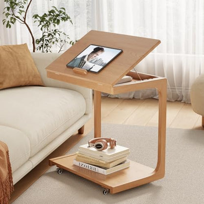 AQIMUELE Wooden C-Shaped End Table,Couch Table with Adjustable Desktop,Small Rolling Side Table with 2 Lockable Wheels 23.6" Width,Small End Table for Couch, Living Room,Bedroom (Natural) - color: Natural, size: 15.6"D x 23.6"W x 24.8"H, style: Modern 2 T