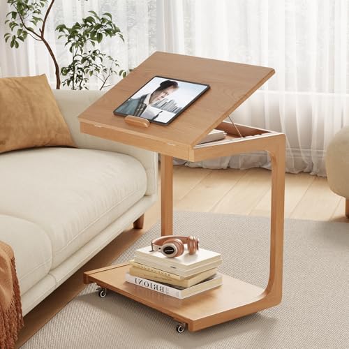 AQIMUELE Wooden C-Shaped End Table,Couch Table with Adjustable Desktop,Small Rolling Side Table with 2 Lockable Wheels 23.6" Width,Small End Table for Couch, Living Room,Bedroom (Natural) - color: Natural, size: 15.6"D x 23.6"W x 24.8"H, style: Modern 2 T