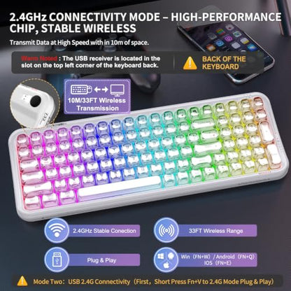 FOPETT Wireless Computer Keyboard with RGB Backlit, Tri-Mode Bluetooth 5.0/USB-C/2.4GHz Ergonomic Gaming Keyboard - Full-Size Rechargeable Transparent Keycap for Laptop/Windows/PC - White - color: 732 White