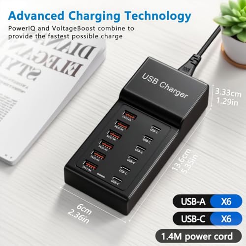 Multi USB Charger USB C Charging Station Block 50W 12 Ports Multiple USB C Hub USB Charging Strip for iPhone 13/14/15/16/Smartphone/Tablet - size: 50W 12 Port B