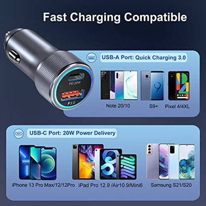 5 Pack USB C Car Charger, Bangfun 36W Dual USB Car Adapter Fast Charge PD&QC 3.0 Cigarette Lighter USB Charger Compatible iPhone 15 14 13 12 11 Pro Max SE,iPad,Samung S24/S21/S20, Pixel(Grey) - color: Grey