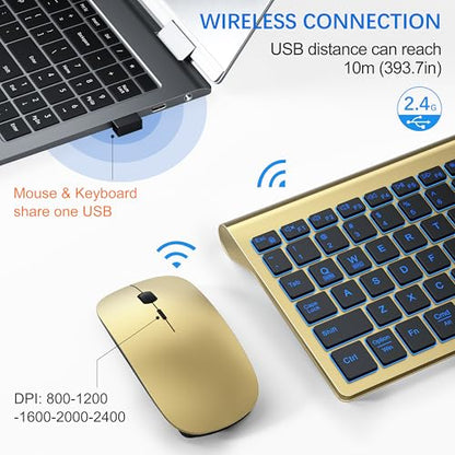 Wireless Backlit Keyboard and Mouse Ultra Slim Combo, TopMate 2.4G Silent Compact 2400DPI Mouse and Scissor Switch Keyboard Set, Batteries Included, for PC/Laptop/Windows/Mac/Gaming - BL Gold Black - color: BL Gold Black