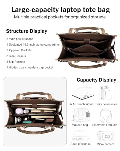 FADEON Laptop Bag for Women Designer PU Leather Large Tote Bags Backpack Purses with 15.6 Laptop Compartment Shoulder Handbag - color: Coffee Brown