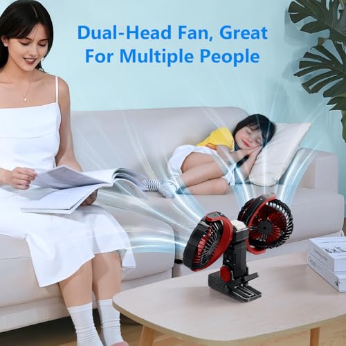 Dual Head Clip on Fan Battery Powered with Light,Portable USB Rechargeable Powerful Desk Table Fans,360°Rotation Cooling Clamp Fans for Car,Golf Cart,Treadmill,Kitchen,Outdoor Travel Camping(Black) - color: Black