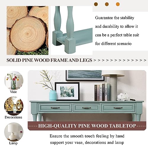 63.4" Solid Wood Console Table with Drawers,Farmhouse Entryway Table | 63.4" Sofa Table with Storage Drawers and Shelf;Solid Wood Entryway Table for Hallway,Foyer,Easy Assembled, Retro Green - color: Green