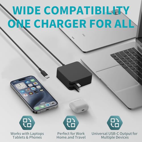 65W USB C Laptop Charger for Home Office Travel, PD Adapter with Foldable Plug & Lengthened Cable, Type C Fast Charger Compatible with MacBook, Dell XPS, Lenovo ThinkPad, HP, Huawei MateBook and More