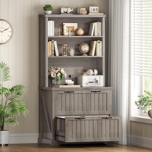 SEDETA 2 Drawer Filing Cabinet, Farmhouse File Cabinet for Home Office with Storage Shelves, Wood Tall Office Filing Cabinet fits Letter, Legal, A4 Size, Lateral File Cabinets with Bookshelf (Grey) - color: Grey, size: 2 Drawers