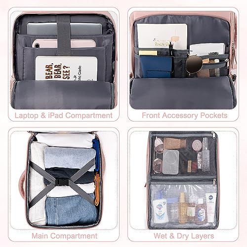Sinaliy Travel Backpack, Carry on Flight approved Travel Bag with Multi-Pockets, Waterproof 17.3inch Laptop Backpack for Men Women, Pink | Waterproof 17.3 Inch Laptop Backpack with Multi-Pockets, Personal Item Travel Bag for Women Work, College, Business,