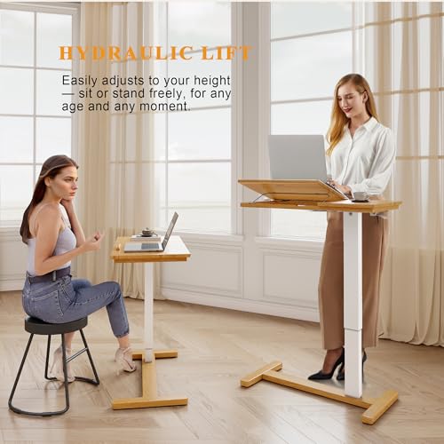IUNVR Solid Wood Overbed Bedside Table with Hidden Casters, Adjustable Hospital Bed Table Rolling Laptop Desk with Split Dual Desktop & Pneumatic Gas Spring Lift for Hospital, Home Use (Natural)
