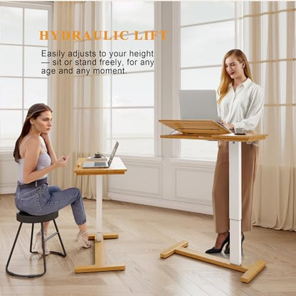 IUNVR Solid Wood Overbed Bedside Table with Hidden Casters, Adjustable Hospital Bed Table Rolling Laptop Desk with Split Dual Desktop & Pneumatic Gas Spring Lift for Hospital, Home Use (Natural)