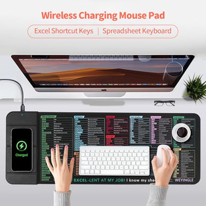 Wireless Charging Mouse Pad with Phone Holder Gaming Mousepad Desk Mat 15W Qi Fast Charging Pad Ultra-Smooth Surface Non-Slip Extended Premium Black Computer Keyboard Mat for MacBook PC Laptop - color: Shortcut Keys