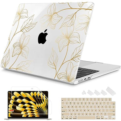 Mektron for 2026/2025/2024/2023 MacBook Air 15 INCH M5 A3448 /M4 A3241 /M3 A3114 /M2 A2941 Case, Printed Plastic Hard Shell Cover with 15.3" Liquid Retina Display Touch ID, Gold Flower S718 - color: Gold Flower S718