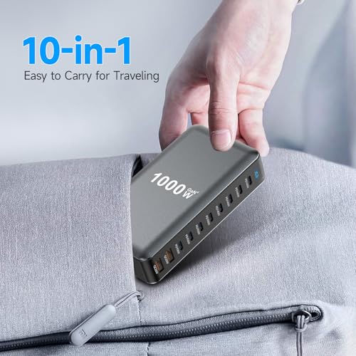 1000W 10-Port GaN 4 Desktop Charging Station with 240W 6.6 ft Data Cable - Compatible with Tablets, Phones, Laptops, Gaming Consoles, Headphones - size: 1000WGaN4