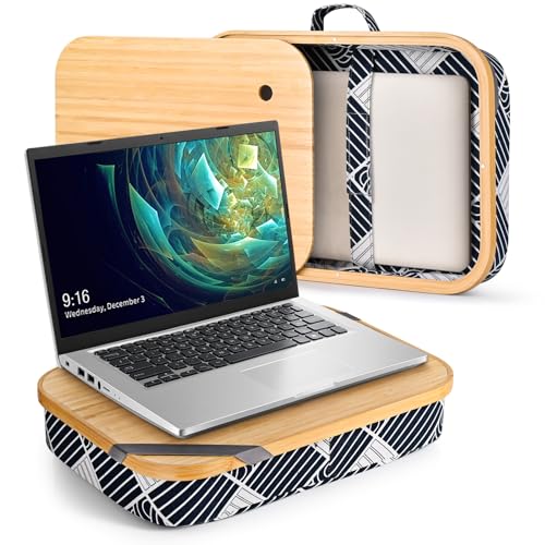 Mayjoy Bamboo Laptop Lap Desk with Storage, Removable Cover, Black Wave | Use laptops up to 15.6” on the bamboo top; store tablets, notebooks, mouse, cables, and pens inside. - color: Black Wave