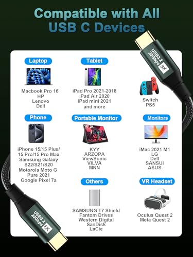 Short USB C 3.2 Gen 2x2 Video Cable for Monitor - 1FT / 0.35M | 8K@60Hz/4K@120Hz, 100W PD Fast Charging, 20Gbps Data Transfer, Compatible with iPhone 17/16/15, MacBooks, iPad, Carplay - size: 1FT
