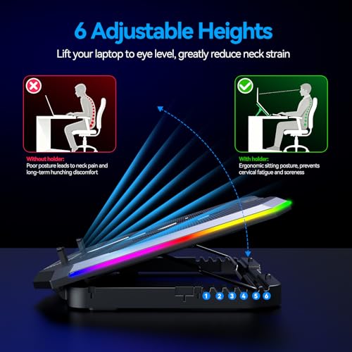 Gaming Laptop Cooling Pad with 8 Cooling Fans, Laptop Fan Cooler Pad for 15-17.3 Inch, Notebook Cooler Stand with 6 Height Adjustable, RGB Cooling Pad with Two USB Port + Phone Stand - size: 8 Fans