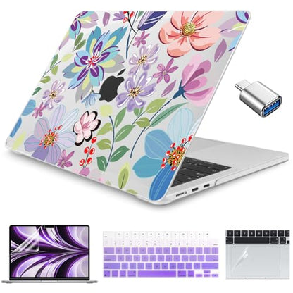 Teryeefi Clear Case for M4/M3/M2 MacBook Air 13.6 inch 2025 2024 2022 Fit Model A3240/A3113/A2681, Laptop Hard Shell with Keyboard Cover Trackpad Film USB Adapter for MacBook Air 13 inch, Floral W104 - color: Purple Flower W104