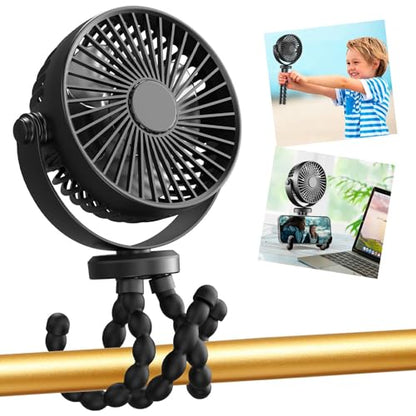 snawowo Mini Portable Stroller Fan, 3000mAh Battery Operated Personal | Small Handheld Fan with Flexible Tripod, 360 Rotate 3 Speed Rechargeable Clip on for Car Seat Crib Treadmill Travel Camping - color: U-Black