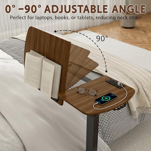 6 In 1 Overbed Table, 32'' Long Hospital Bed Table, Bedside Table (Walnut) | 32'' Length, 0- 90°Adjustable Tilt, Standing Desk Charging Station, Cup Holder, Hook, 30''-43'' Height Home Hospital Office - color: Walnut