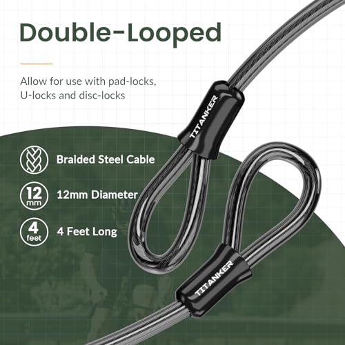 Titanker Bike Lock Cable,12mm Thick Security Cable with Loops Heavy Duty Steel Cable Vinyl Coated Bike Cable Lock Security Chain (4ft, 7ft, 15ft, 30ft) - style: 4 Feet