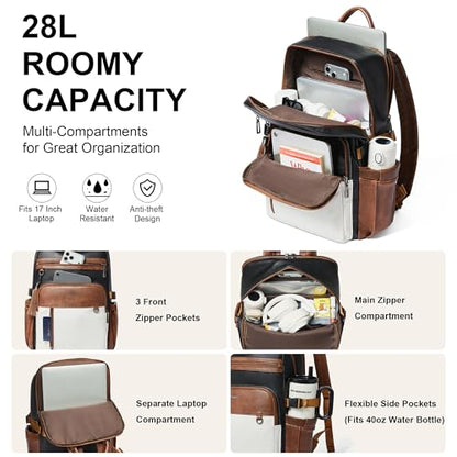Shrrie Vegan Leather Laptop Backpack for Women,17 Inch Computer Backpack Purse for Work Business College Travel Teacher Nurse with Anti-theft Pocket & Giant Tumbler Holder,Black and Beige with Brown - color: Black and Beige With Brown