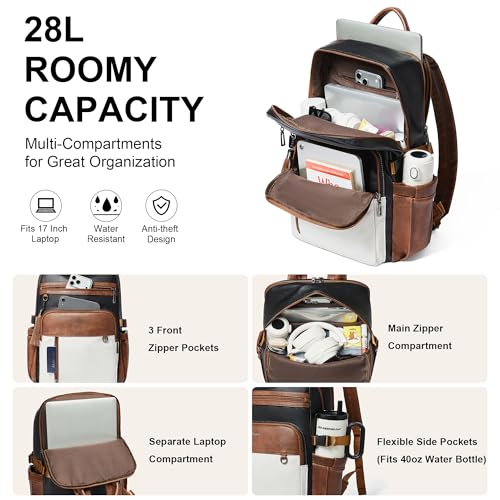 Shrrie Vegan Leather Laptop Backpack for Women,17 Inch Computer Backpack Purse for Work Business College Travel Teacher Nurse with Anti-theft Pocket & Giant Tumbler Holder,Black and Beige with Brown - color: Black and Beige With Brown