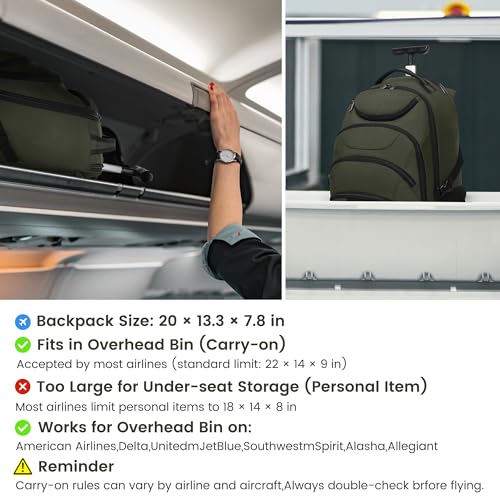 Boavan Rolling Backpack,17 inch Water Resistant Wheeled Backpack,Carry on Luggage Business Bag, Overnight College Computer bag Trolley Suitcase for Men Women Adults to Travel，Green - color: Green, size: 17.3 inches