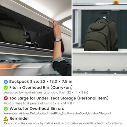 Boavan Rolling Backpack,17 inch Water Resistant Wheeled Backpack,Carry on Luggage Business Bag, Overnight College Computer bag Trolley Suitcase for Men Women Adults to Travel，Green - color: Green, size: 17.3 inches