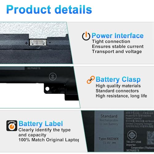 Kappir BOWEIRUI 57Wh 66DWX Laptop Battery Replacement for Dell Latitude 7340 7350 7440 7450 7640 7650 Series 0CTJJ6 CTJJ6 0JNYT4 JNYT4 WW8N8 0047T0 047T0 0V0W55 V0W55 FH97R 00HYH8 0HYH8 086D0Y 86D0Y - size: 11.42*3.86*0.71inch 66DWX