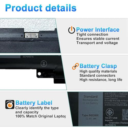 Kappir BOWEIRUI 57Wh 66DWX Laptop Battery Replacement for Dell Latitude 7340 7350 7440 7450 7640 7650 Series 0CTJJ6 CTJJ6 0JNYT4 JNYT4 WW8N8 0047T0 047T0 0V0W55 V0W55 FH97R 00HYH8 0HYH8 086D0Y 86D0Y - size: 11.42*3.86*0.71inch 66DWX