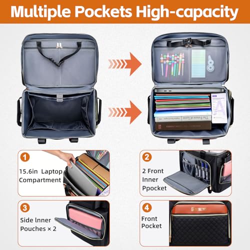 Rolling Teacher Bag with Detachable Cart - 1680D Waterproof Oxford Rolling Cart for Teachers, Large Capacity Tote with Wheels Fits 15.6" Laptop & Tablet(BLACK) - color: Black