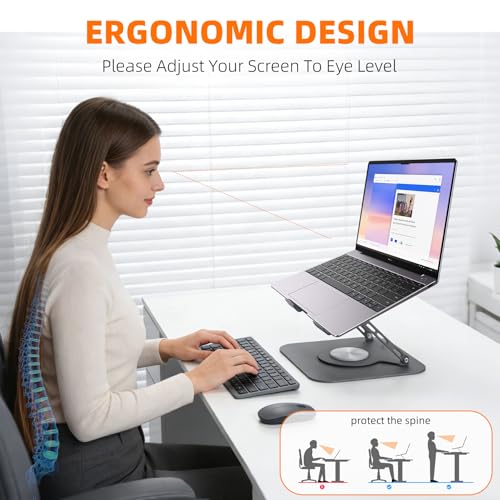 Adjustable Laptop Stand for Desk, Laptop Riser with 360 Rotating Base, Ergonomic Laptop Holder for Desk, Foldable Portable for Office & Home Compatible with MacBook Air Pro, Dell, HP (10-17.3'')