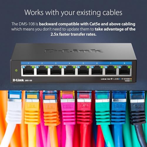 D-Link 8-Port 2.5GB Unmanaged Gaming Switch with 8 x 2.5G - Multi-Gig, Desktop or Wall Mount, Silent Operation, Plug & Play, Follows NDAA/TAA, (DMS-108), Ethernet Splitter, Multi-Gigabit Network - size: 8 Port Multi-Gig 2.5Gb