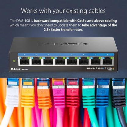 D-Link 8-Port 2.5GB Unmanaged Gaming Switch with 8 x 2.5G - Multi-Gig, Desktop or Wall Mount, Silent Operation, Plug & Play, Follows NDAA/TAA, (DMS-108), Ethernet Splitter, Multi-Gigabit Network - size: 8 Port Multi-Gig 2.5Gb