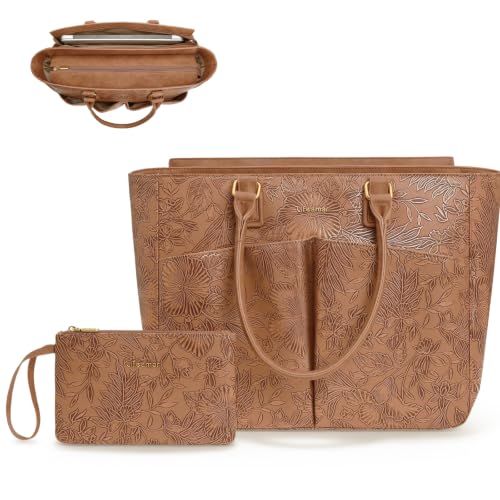 Laptop Tote Bag for Women, Leather Work Tote with Padded Laptop Compartment, Cup Holder, Office Computer Briefcase - color: Embossed Golden Tan, size: 15.6inch