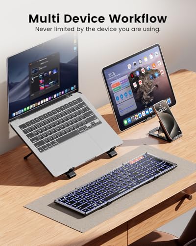 ProtoArc Backlit Foldable Keyboard, XK01 Plus Folding Portable Bluetooth Keyboard for Travel, True Full Size External Wireless Keyboards with Backlight for iPad Tablet Smartphone Laptop - Gray | 0.65 in Keycaps, Number Pad, 3-device Bluetooth 5.1 Switchin