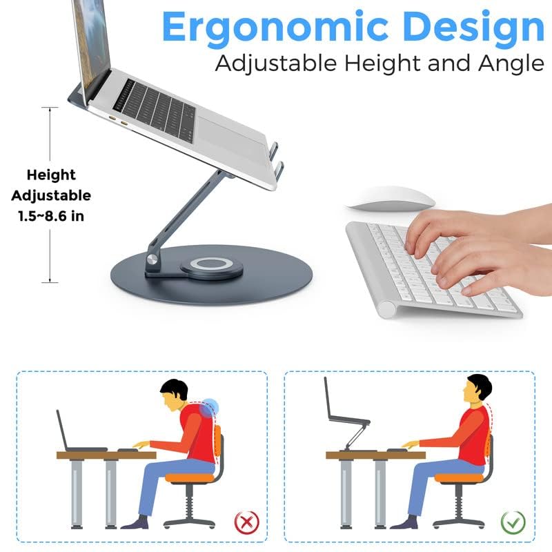 Swivel Laptop Stand for Desk, Adjustable Height Aluminum Computer Stand with 360 Rotating Base, Foldable Ergonomic Riser, Portable Laptop Holder Compatible with MacBook, All Laptops 10-17'', Grey - color: Grey