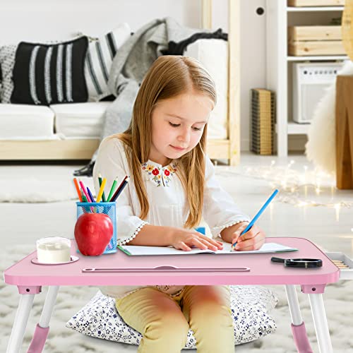 Zapuno Multi-Function Laptop Bed Table with Storage Drawer and Cup Holder, Lap Desk Stand Tray for Eating, Reading and Working - color: Pink