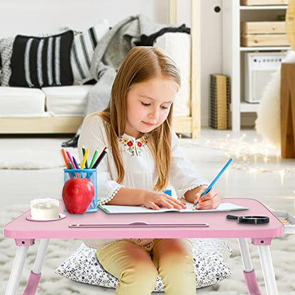 Zapuno Multi-Function Laptop Bed Table with Storage Drawer and Cup Holder, Lap Desk Stand Tray for Eating, Reading and Working - color: Pink