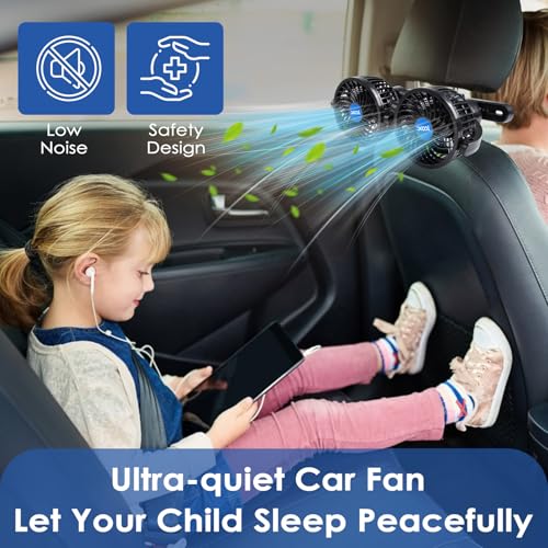 XOOL USB Dual Head Backseat Car Fan – 360° Rotatable Rear Seat Air Circulator with Stepless Speed & Adjustable Clip for Kids in SUV, Truck, RV - size: USB Dual Fan - Rear (Stepless)