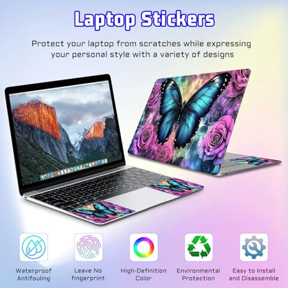 Universal Laptop Skin Sticker Decal, Compatible with MacBook HP Dell Lenovo 12"-15.6", Reusable Vinyl Notebook Cover 3PCS Set, High-Recognition Film-Blue Butterfly with Pink Rose - color: Blue Butterfly with Pink Rose