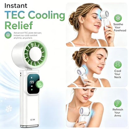 Portable Handheld Fan with Ice Cooling, Personal Rechargeable Fan 20000RPM,199-Speed Mini Neck Fan with 4000mAh Battery Powered up to 15hrs with LED Display for Travel, Camping & Outdoor, White - color: White-Green