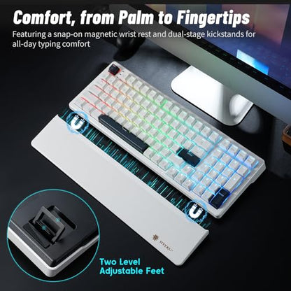 Wireless Mechanical Keyboard with Wrist Rest,Tri-Mode BT5.0/2.4GHz/USB-C Hot Swappable Custom Keyboard,Pre-lubed Clicky Switches,RGB Backlit Computer Gaming Keyboards for PC/Tablet/PS/Xbox(White) - color: White-99keys, size: Clicky