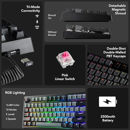 TECWARE Phantom+ Elite 87 Key RGB Mechanical Gaming Keyboard | 3 Mode Wireless Bluetooth 5.0 2.4GHz & USB C Wired | Hot Swappable 5 Pin | Double Shot PBT Keycaps | Wraith Pink Switch - Black - color: Pink Switch, size: Phantom+ Elite 87 | Black