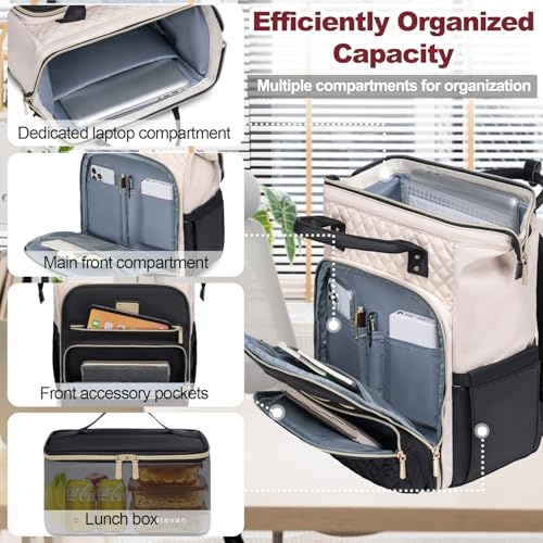 Otevan 15.6 Inch Laptop Backpack for Women, Work Backpack with Lunchbox, Insulated Backpack Cooler, Teacher Nurse Travel Backpack for Women, Beige/Black, 24009 - color: Beige/Black