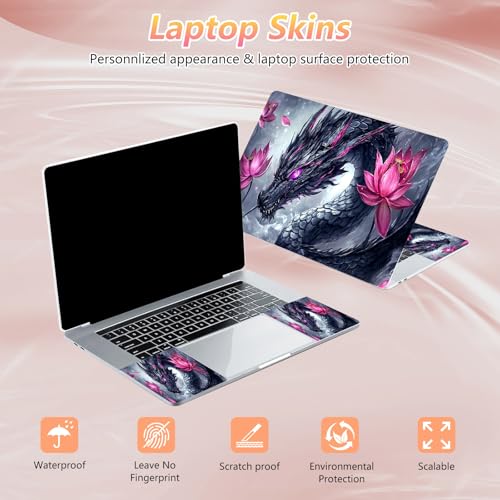 Laptop Skin Sticker Decal 12" 13" 13.3" 14" 15" 15.6",Waterproof Scratch Resistant Vinyl,Reusable Easy to Apply,for MacBook HP Dell Notebooks Netbooks Laptop,2 Wrist Pads,Black Dragon Lotus - color: Black Dragon Lotus