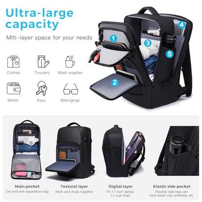 Travel Backpack for Men, 17.3 Inches Business Laptop Backpack Water-Resistant Carry on Airline Approved 18x14x8 Luggage Backpack with USB Charger Port - color: Black-26l