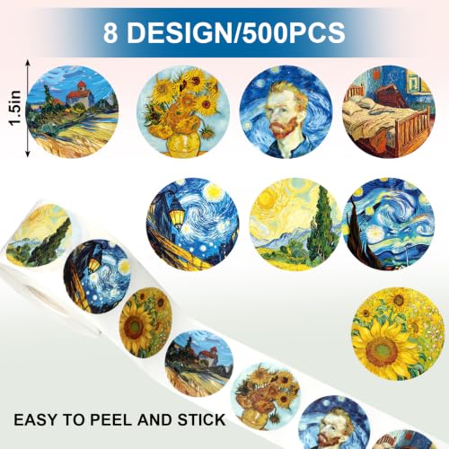 Whaline 500Pcs Van Gogh Art Stickers 8 Designs Oil Painting Sunflowers Starry Night Stickers Waterproof Self-Adhesive Decals for Water Bottle Laptop Scrapbooking, 1.5 Inch