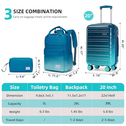 LARVENDER Carry on Luggage Sets 3 Piece, 20 Inch Suitcases, Ocean Breeze | 22x14x9 Airline Approved, Gradient PC+ABS Hardshell, Smooth 360° Wheels, TSA Lock, 3-Piece Set with Color-matched Backpack - color: Ocean Breeze-20BP, size: 3 Piece Set (Backpack/T