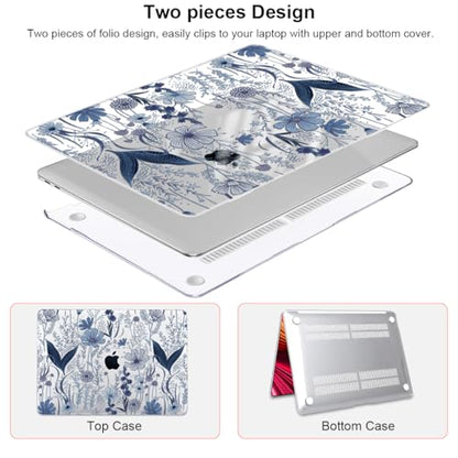 Compatible with 2018 2019 2020 2021 MacBook Air 13 inch Case M1 A2337 A2179 A1932, Clear Printed Pattern Hard Shell Case & Keyboard Cover for Mac Air 13 M1 Touch ID, Navy Blue Wild Flowers - color: Navy Blue Wild Flowers